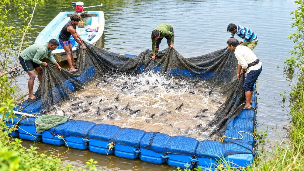 The Green Mart team hauling the harvest net at Navegaon Reservoir